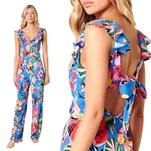 SUGARLIPS Inez Tropic Floral Ruffle V-Neck Tie Back Jumpsuit - Size XS